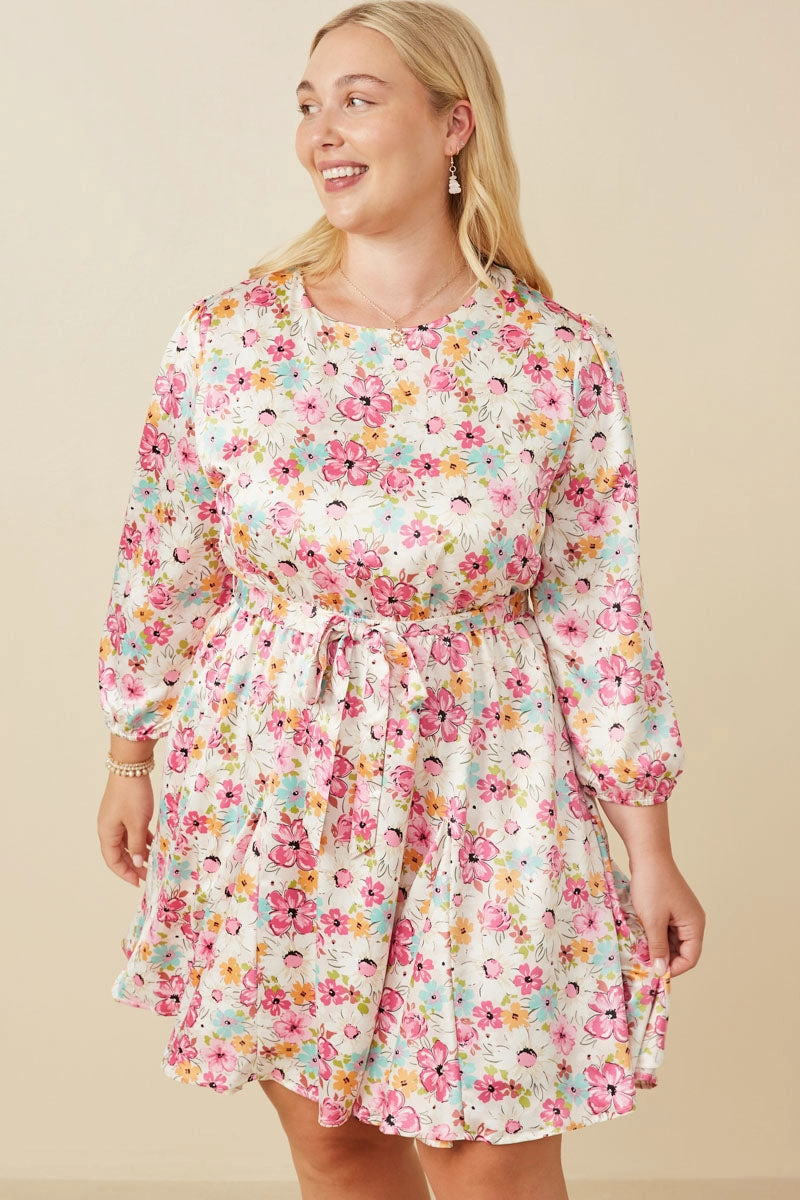 Contrasting Detail Breeze Grace Satin Floral Long Sleeve Belted Flare Skirt Dress