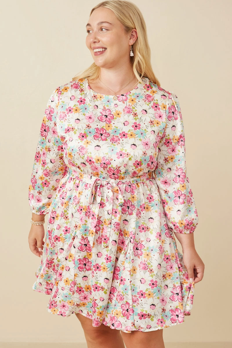 Satin Floral Long Sleeve Belted Flare Skirt Dress Side Cutout