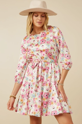 Euro Ease Satin Floral Long Sleeve Belted Flare Skirt Dress