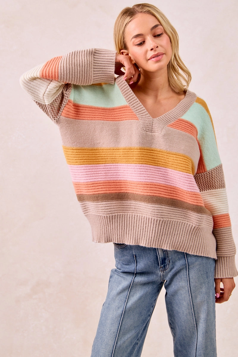 IT4306R-01P | MULTI COLORS STRIPES RIB BANDED V-NECK SWEATER TOP Basic Fit