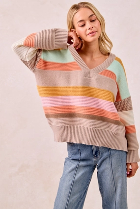 IT4306R-01P | MULTI COLORS STRIPES RIB BANDED V-NECK SWEATER TOP Basic Fit