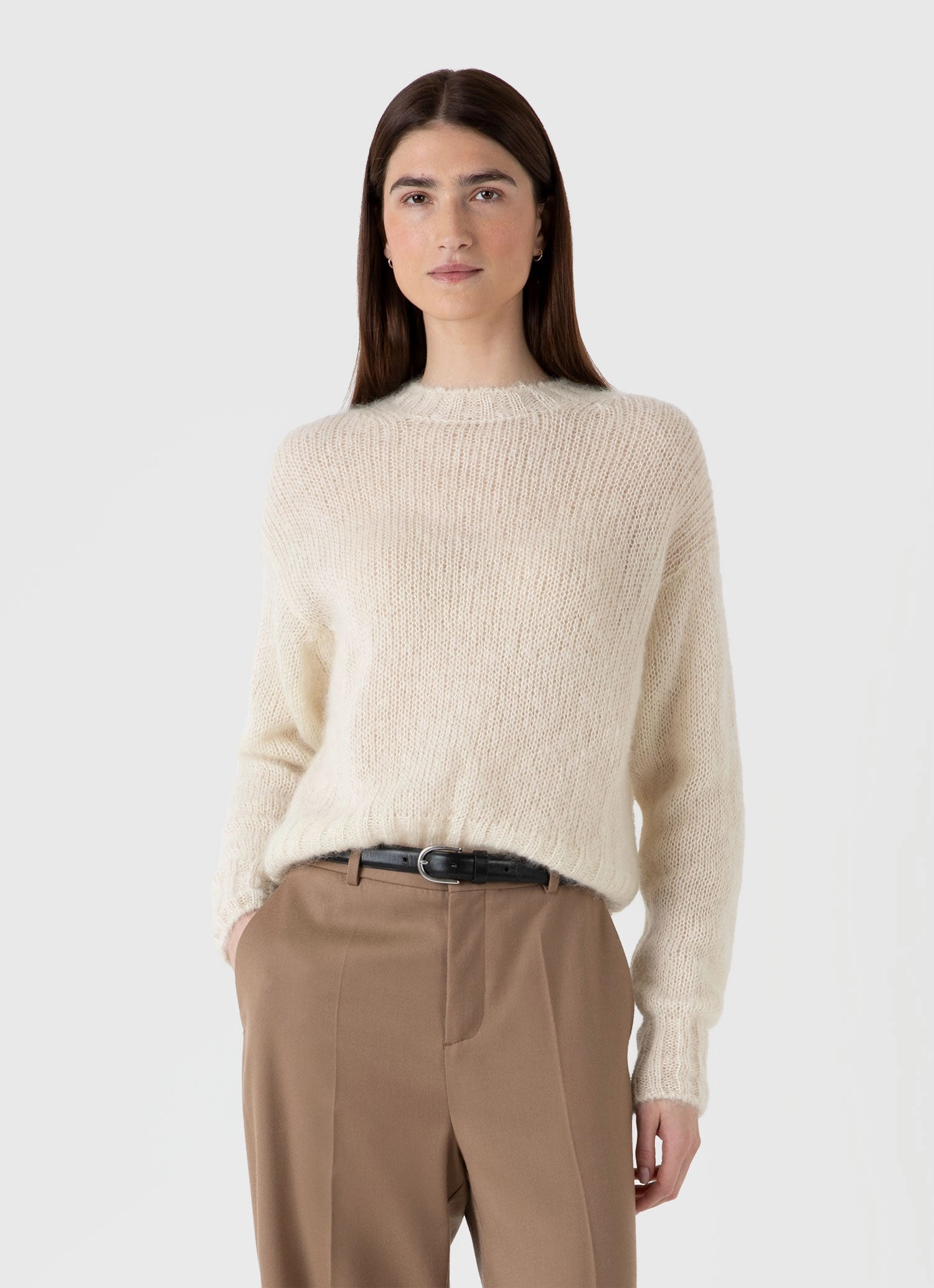 Women's Mohair Silk Jumper in Ecru waist-cinched Korean design