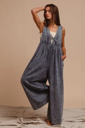 Classic Cut IB1578R-01P | MINERAL WASHED PINTUCK JUMPSUIT WITH SIDE POCKET