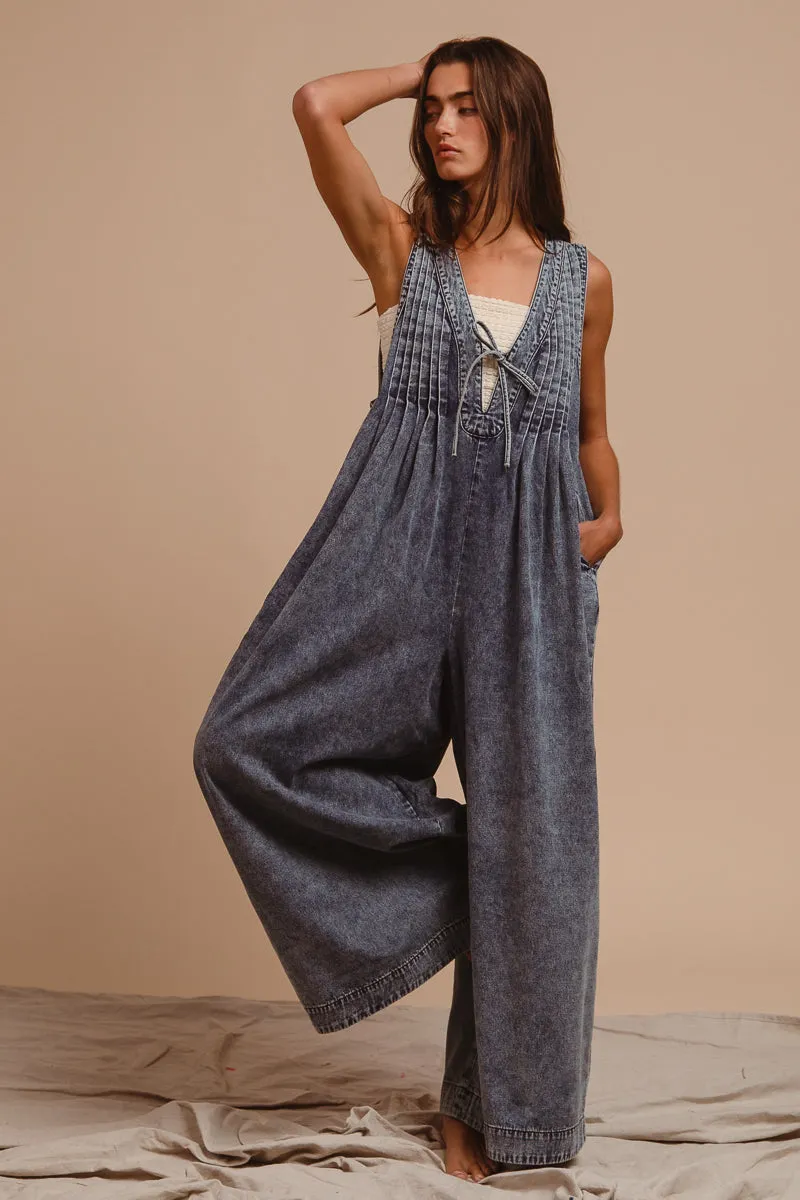 Trendy Waist Premium Quality IB1578R-01P | MINERAL WASHED PINTUCK JUMPSUIT WITH SIDE POCKET