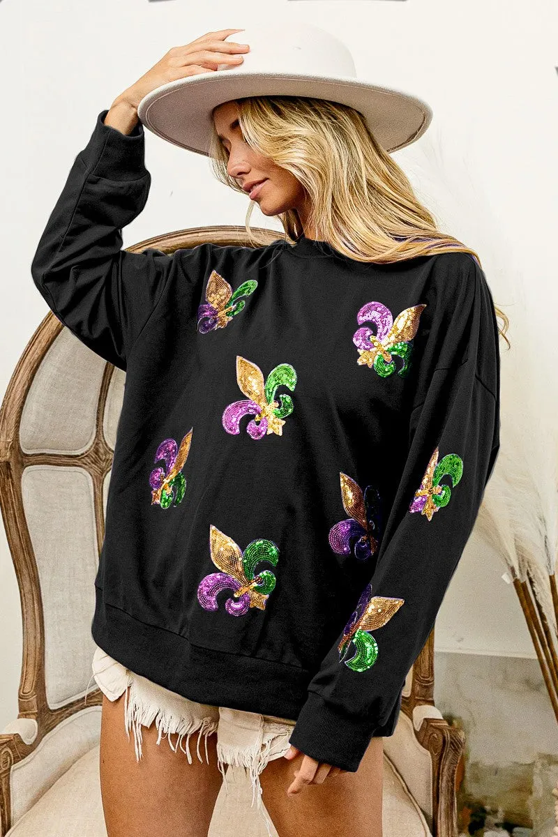 Heat Friendly Office Ready IP8232G-30 | FLEUR DE LIS SEQUIN PATCHES MARDI GRAS PULLOVER