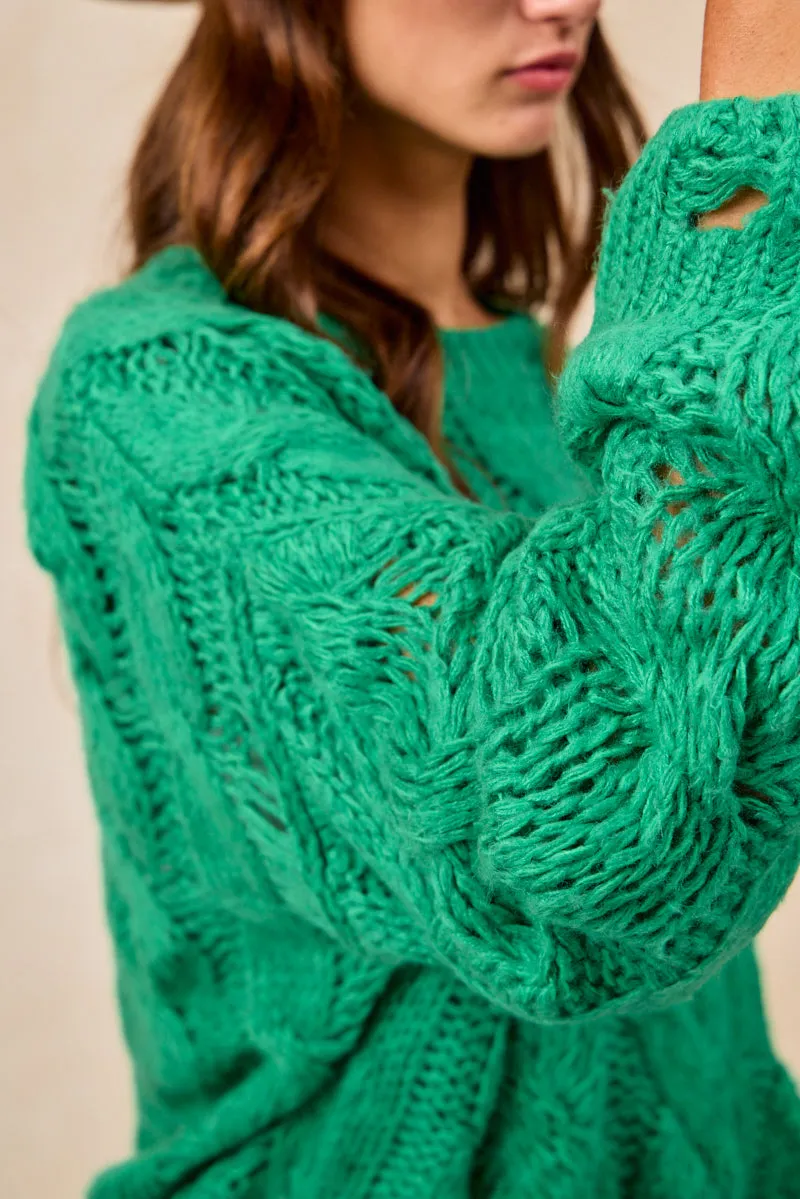 IT4815-01 | SEMI SHEER WEAVE CHUNKY CABLE KNITTING SWEATER TOP Street Comfort