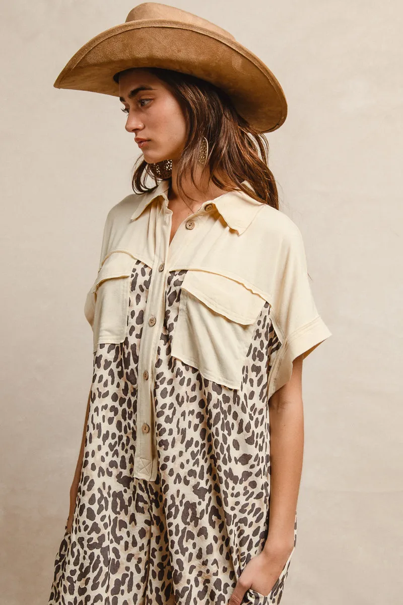 IB1670S-02 | LEOPARD PRINT COMBO BUTTONED COLLARED JUMPSUIT Soft Structure