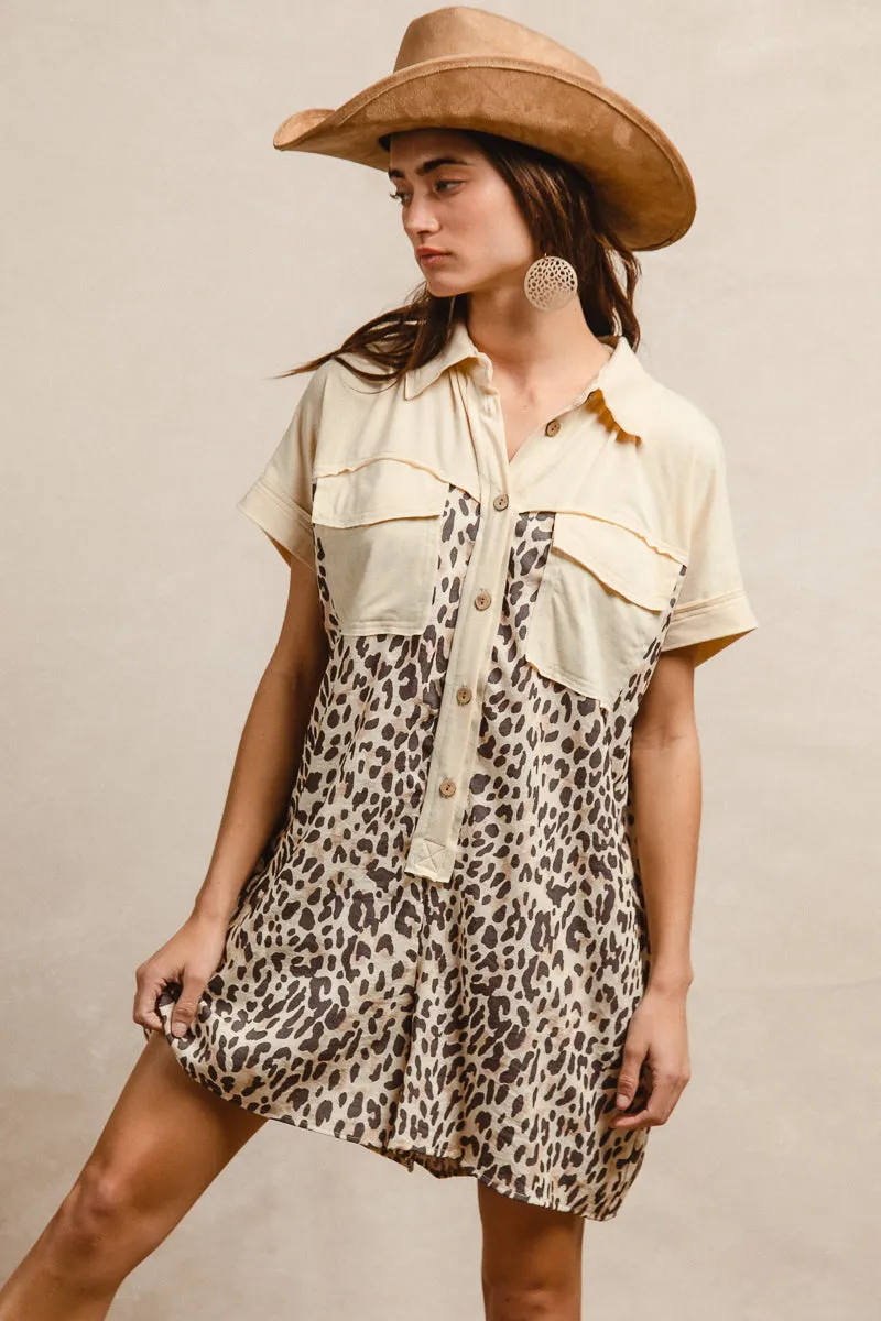 Functional Waist Comfy Stretch IB1670S-02 | LEOPARD PRINT COMBO BUTTONED COLLARED JUMPSUIT