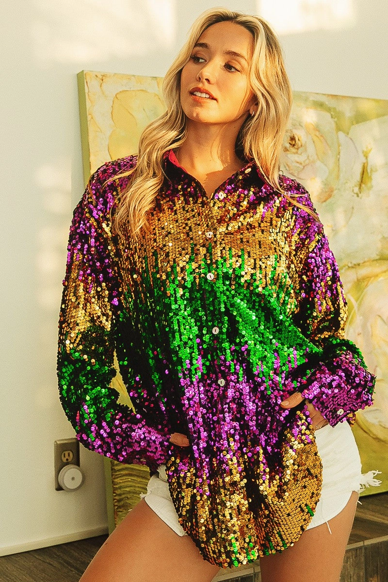 IP8700J-01 | MARDI GRAS SEQUIN COLOR BLOCK SHIRT Brunch Fit