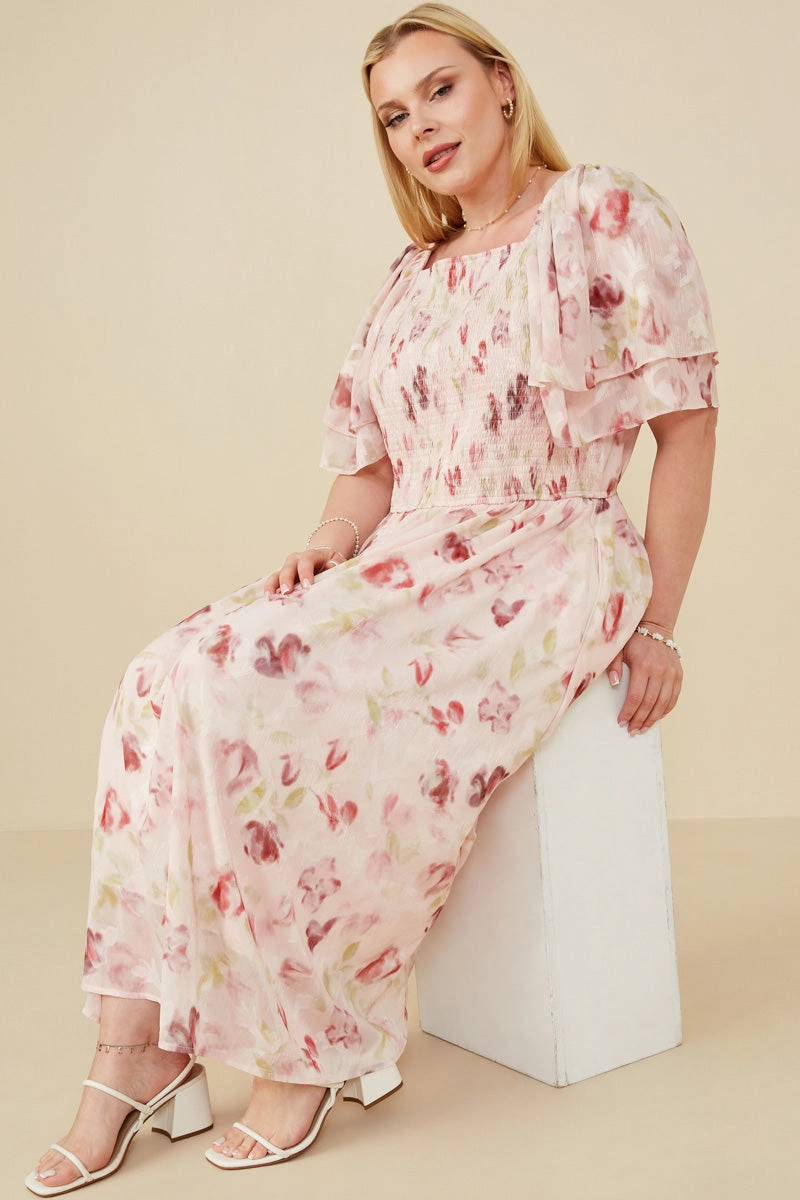 Soft Floral Print Layered Sleeve Smocked Dress Flowy Texture Weekend Flow