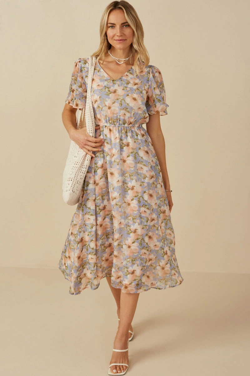 Soft Floral V Neck Puff Sleeve Dress Gentle Fit