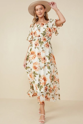 Romantic Floral Smocked Waist Square Neck Dress High-Low-Hem