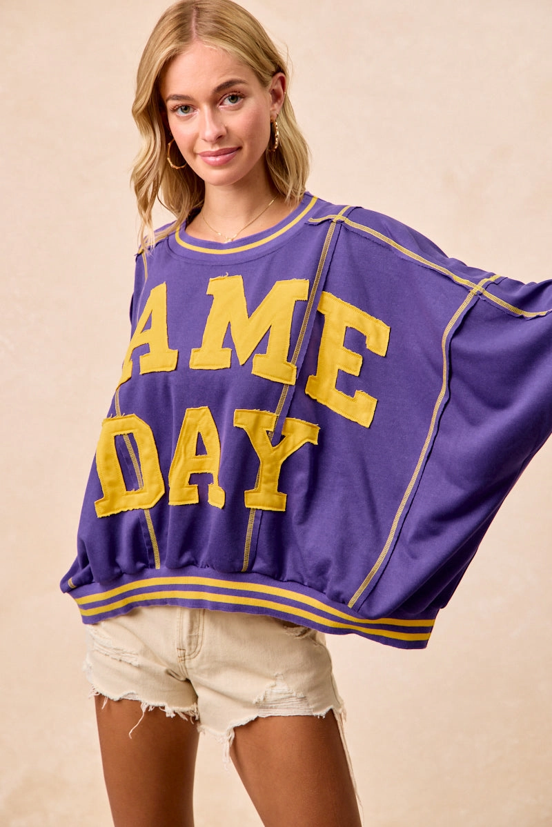 IT3796G-15 | GAMEDAY PATCHWORK STITCH DETAIL FRENCH TERRY TOP Transitional Look
