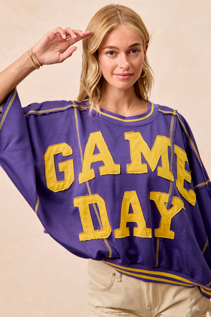 Eco Nice IT3796G-15 | GAMEDAY PATCHWORK STITCH DETAIL FRENCH TERRY TOP