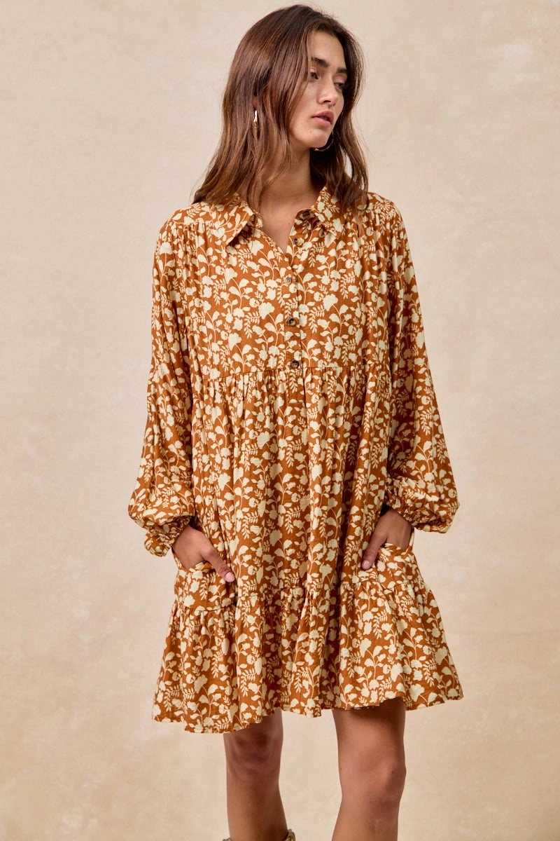 Outdoor Friendly ID2029G-18 | FLORAL PRINT SHIRRING HALF BUTTONED TIERED SHIRT DRESS