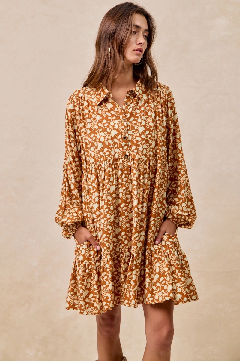 ID2029G-18 | FLORAL PRINT SHIRRING HALF BUTTONED TIERED SHIRT DRESS Workout-ready Stylish Fit