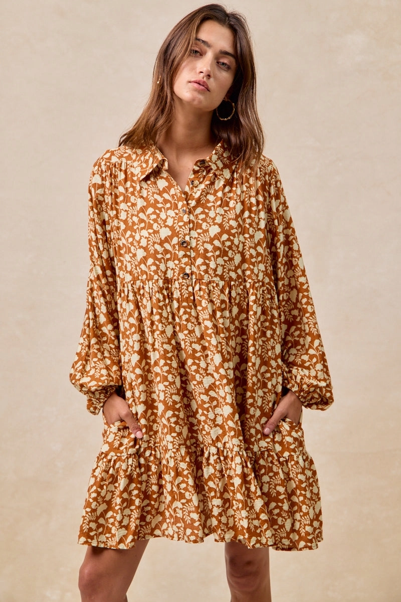 Outdoor Friendly ID2029G-18 | FLORAL PRINT SHIRRING HALF BUTTONED TIERED SHIRT DRESS