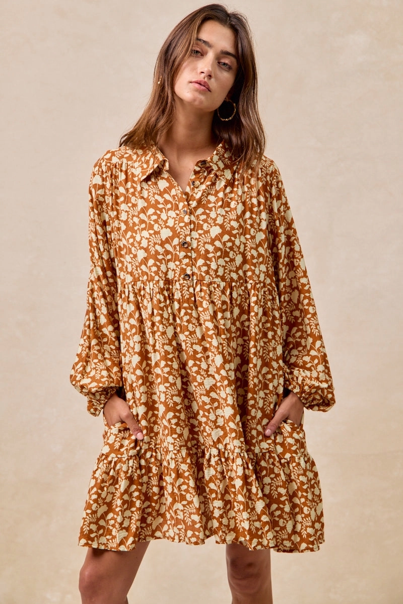 ID2029G-18 | FLORAL PRINT SHIRRING HALF BUTTONED TIERED SHIRT DRESS Mid-rise fit
