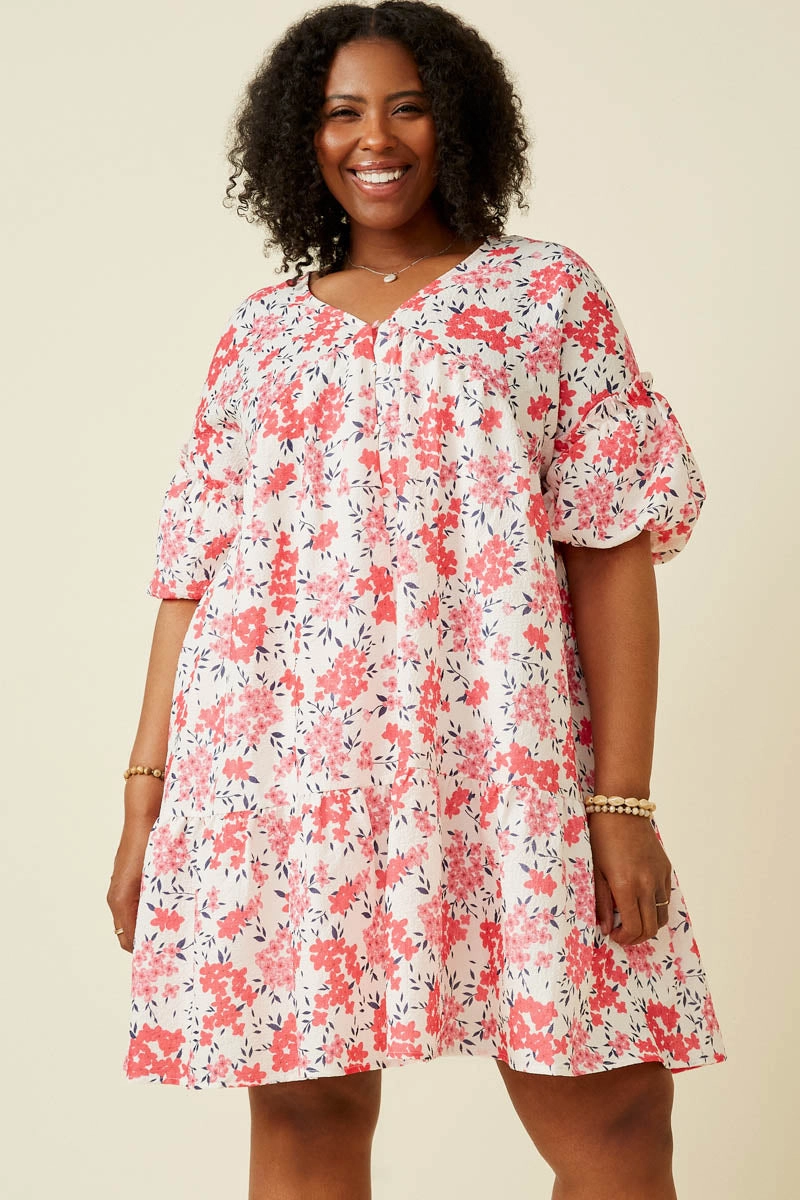 Floral Button Detail Textured Ruffle Sleeve Dress Basic Fashion Active Outfit