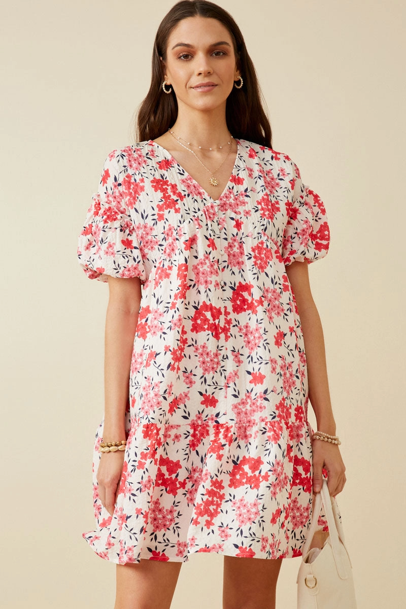Floral Button Detail Textured Ruffle Sleeve Dress Office Tone