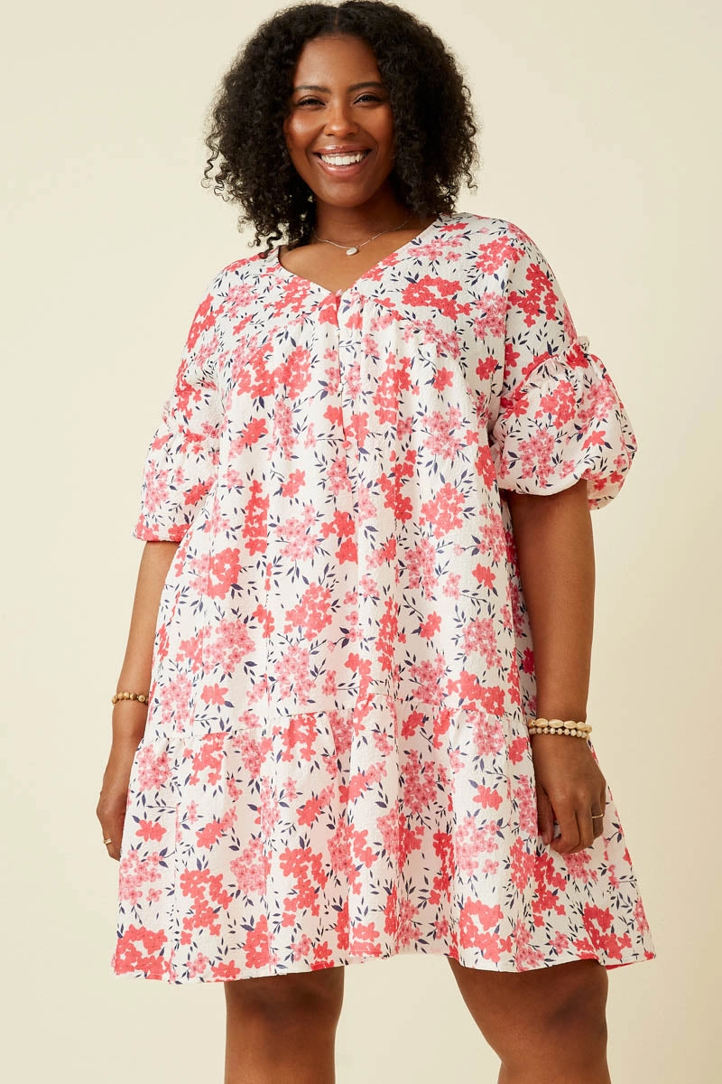 Pose Glow Soft Flow Floral Button Detail Textured Ruffle Sleeve Dress