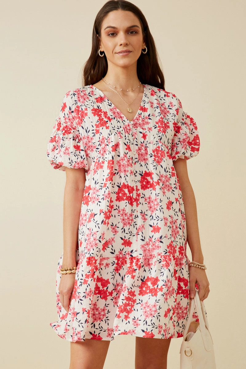 Layered Fabric Floral Button Detail Textured Ruffle Sleeve Dress