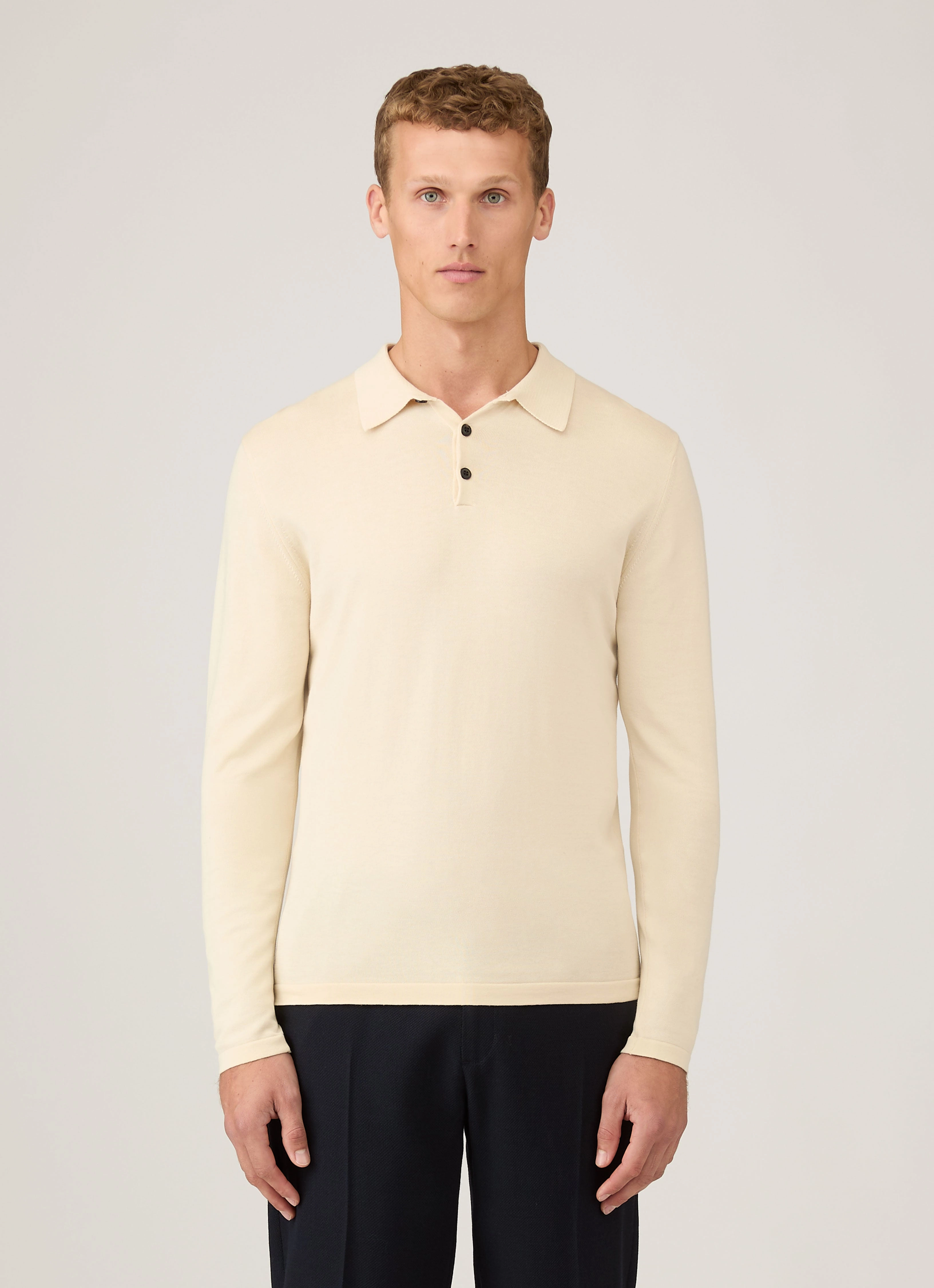 Soft Skin-friendly Men's Long Sleeve Sea Island Cotton Knit Polo Shirt in Undyed