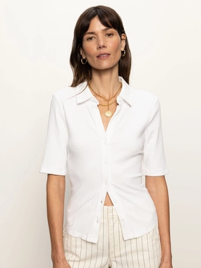 Hooded Design Half Sleeve Ribbed Knit Shirt White