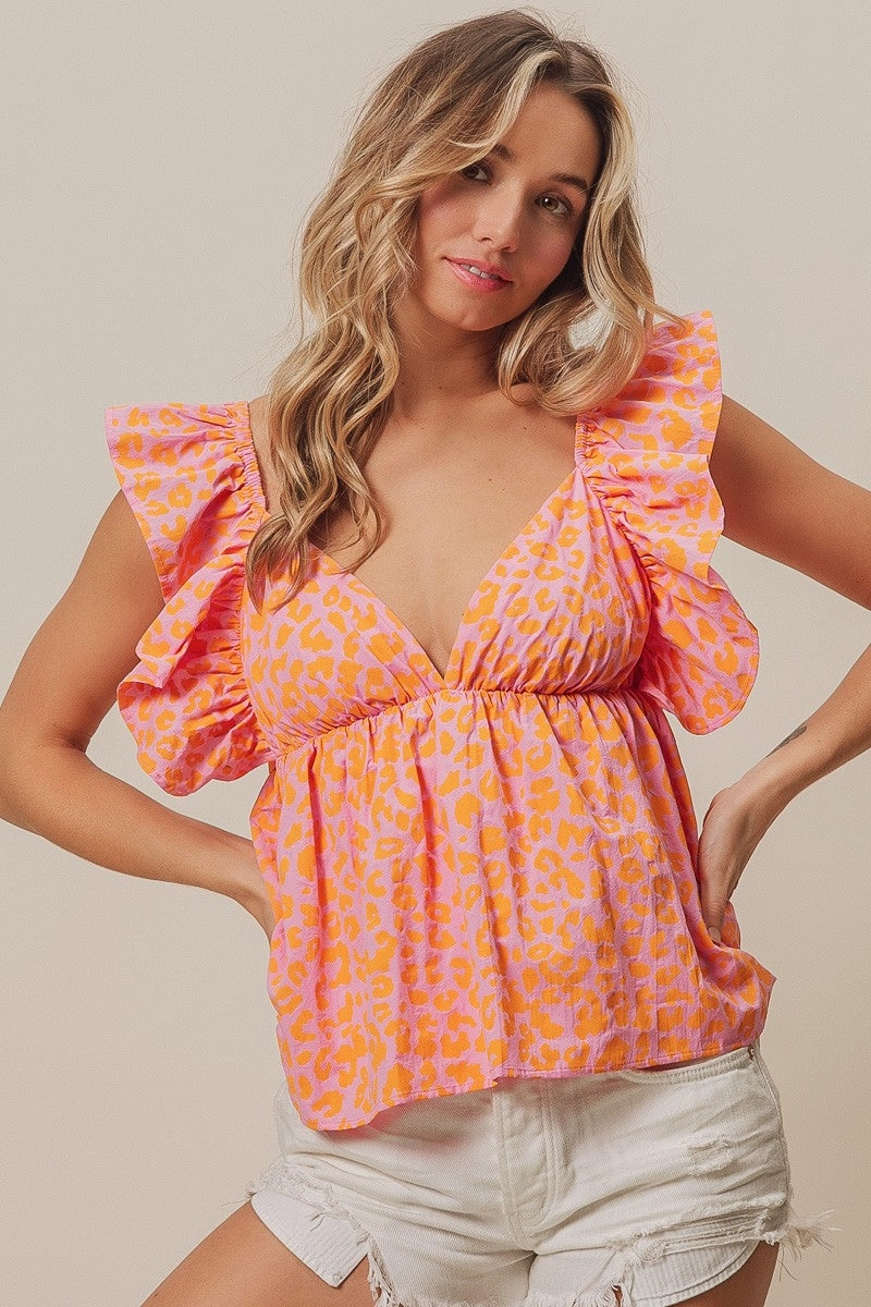 Freedom Motion Water-resistant IP8895-07 | LEOPARD PRINT FLUTTER SLEEVE PEPLUM TOP