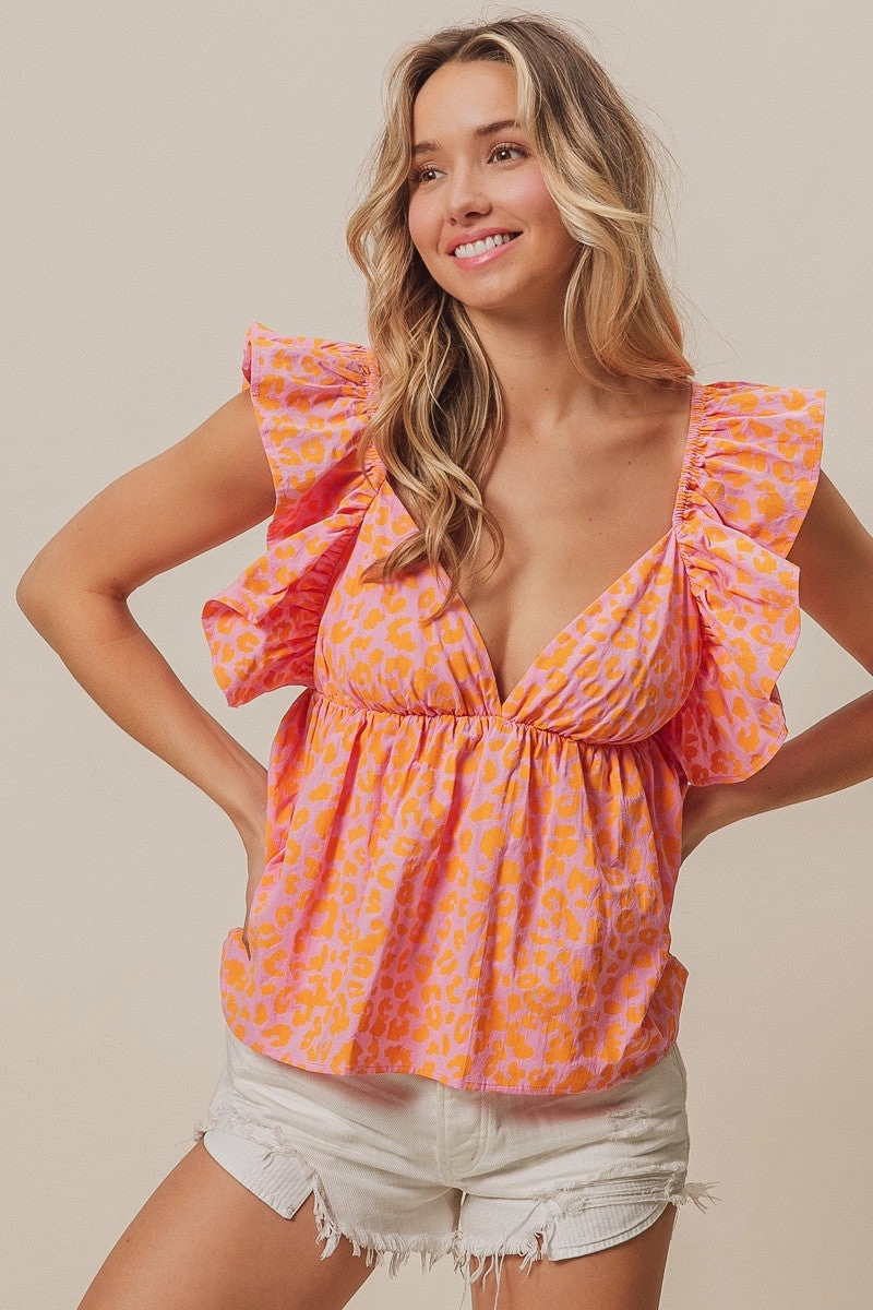 IP8895-07 | LEOPARD PRINT FLUTTER SLEEVE PEPLUM TOP All Day Style Travel-Ready