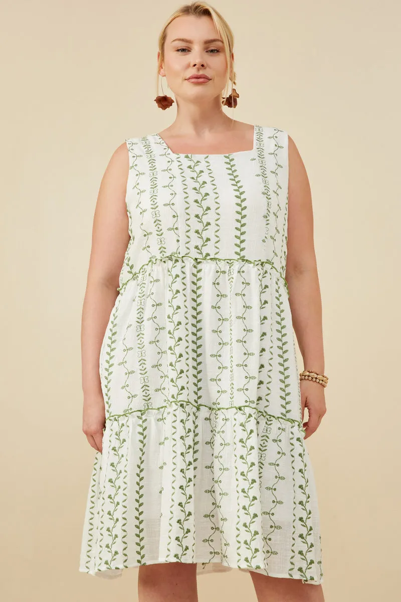 Botanical Embroidered Ruffle Tiered Tank Dress Asymmetric-Neck Everyday-Use