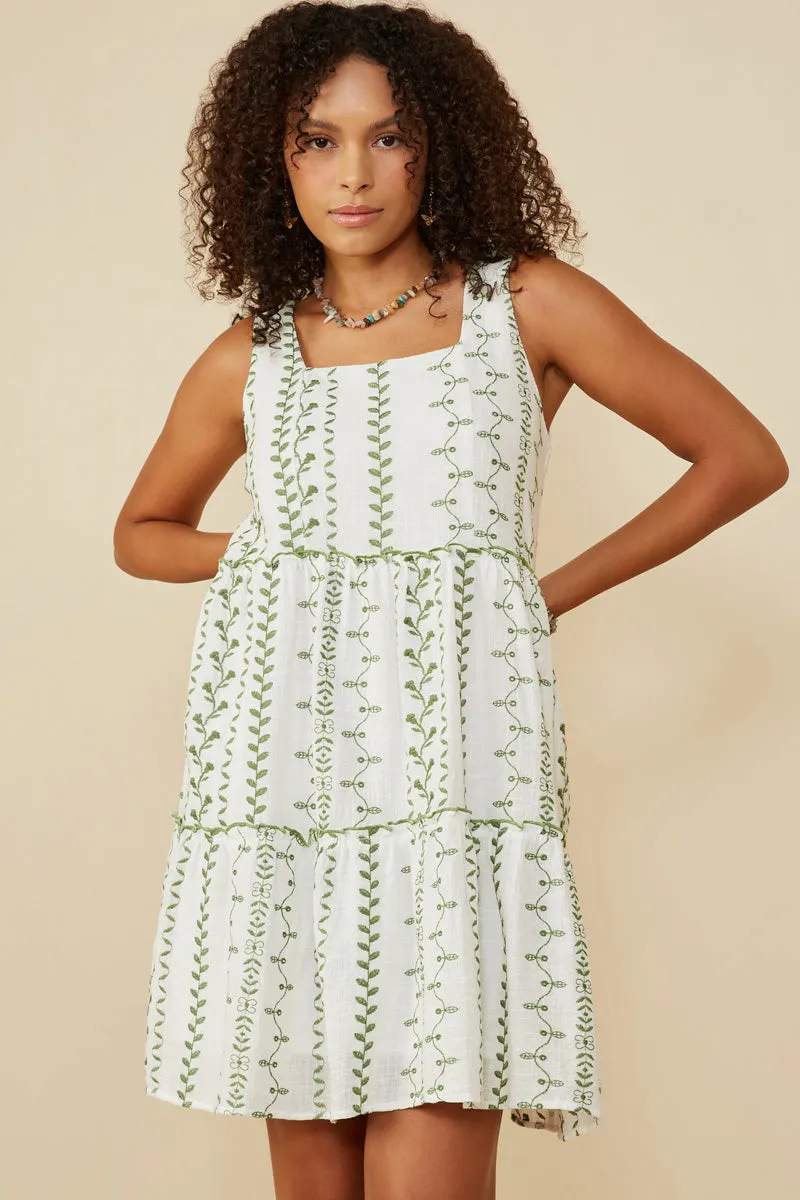 Timeless Style Botanical Embroidered Ruffle Tiered Tank Dress
