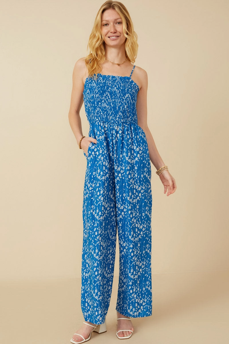 Ditsy Botanical Print Smocked Wide Leg Jumpsuit Cool Elegance All Occasion