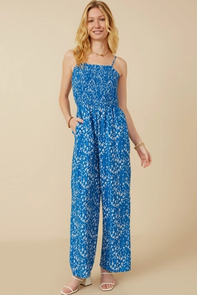 Ditsy Botanical Print Smocked Wide Leg Jumpsuit Mini-Length Wedding-Guest