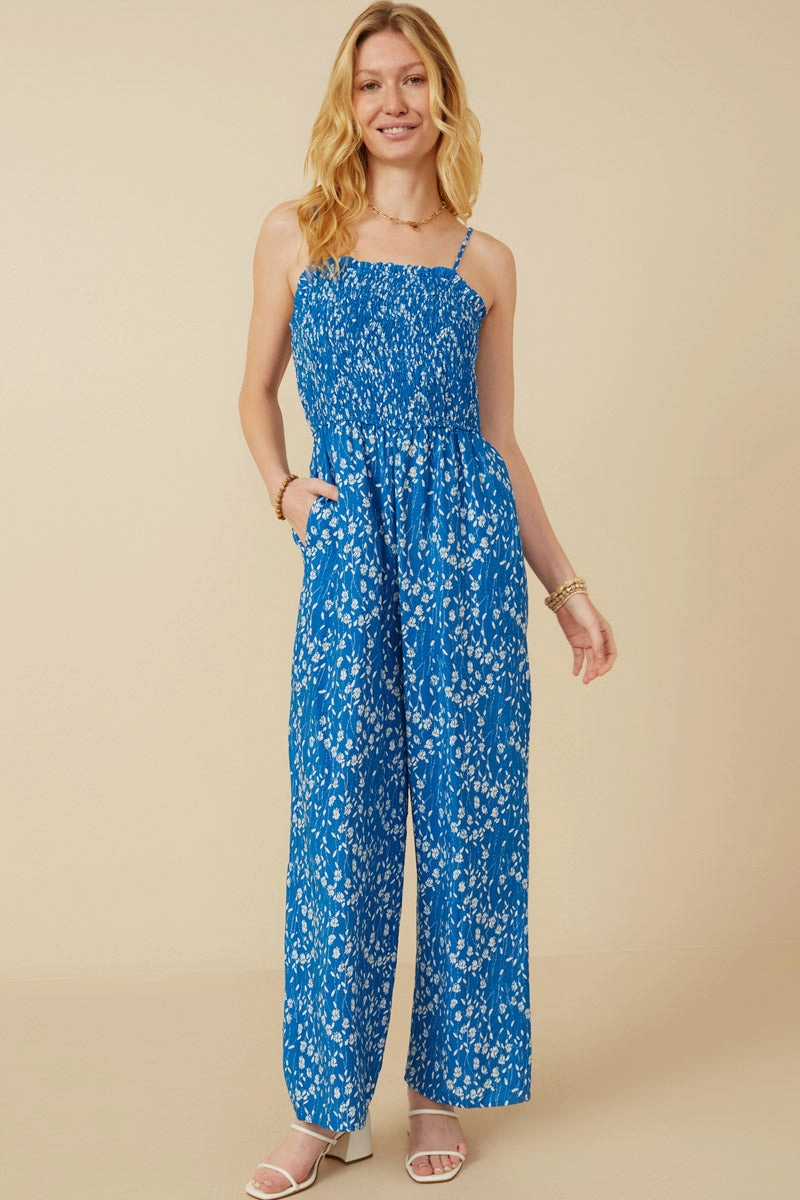 Fall Layer Ditsy Botanical Print Smocked Wide Leg Jumpsuit