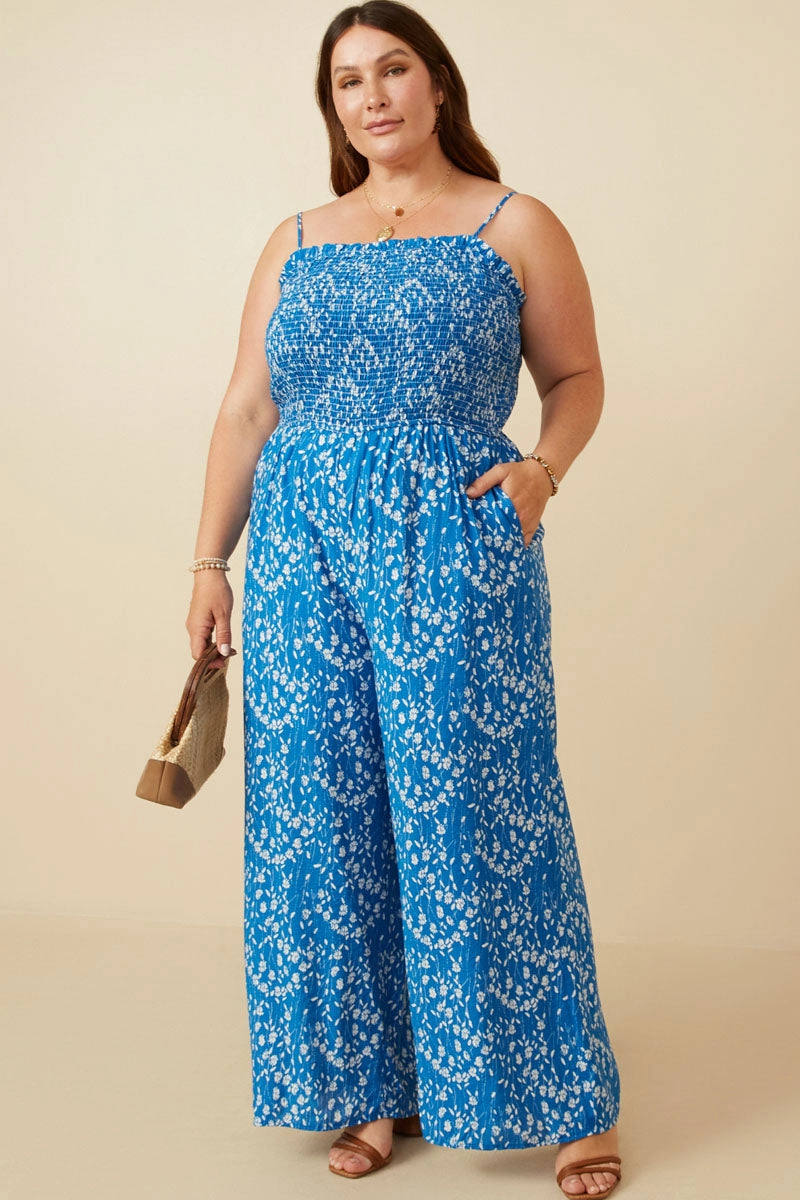 City-Style Ditsy Botanical Print Smocked Wide Leg Jumpsuit