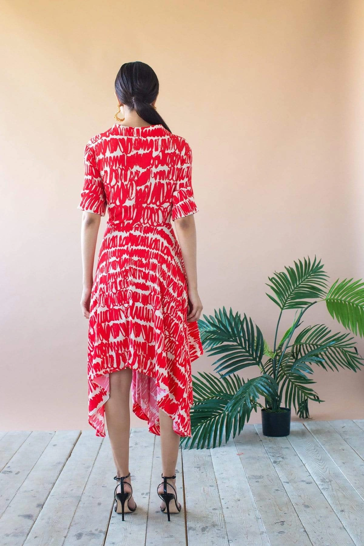 Sophia Asymmetric Hem Midi Dress - Red Script Stretch Comfort