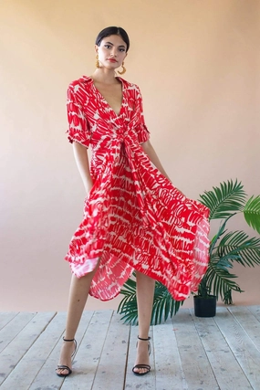 Flattering Outfit Sophia Asymmetric Hem Midi Dress - Red Script