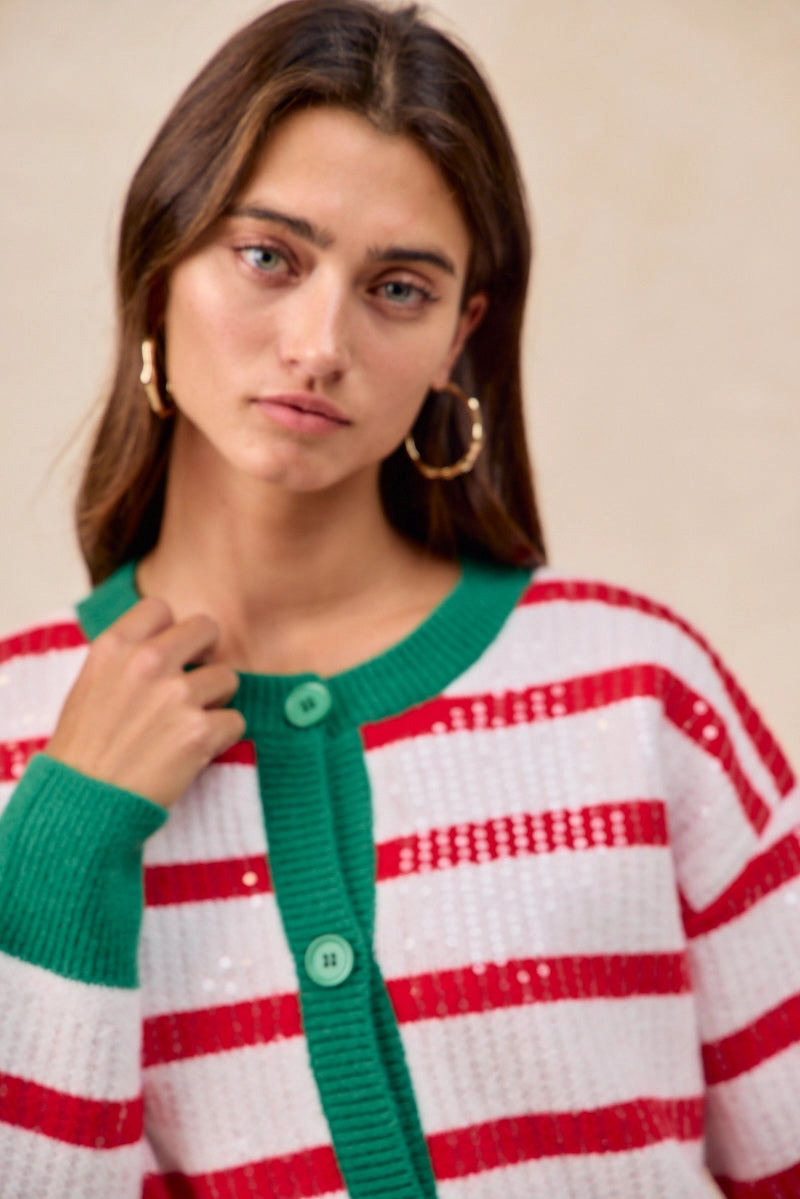 Smile Feel IT4778S-02 | CHRISTMAS STRIPE SEQUINS BUTTONED UP CARDIGAN