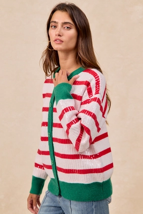 IT4778S-02 | CHRISTMAS STRIPE SEQUINS BUTTONED UP CARDIGAN Street-Style breathable-mesh