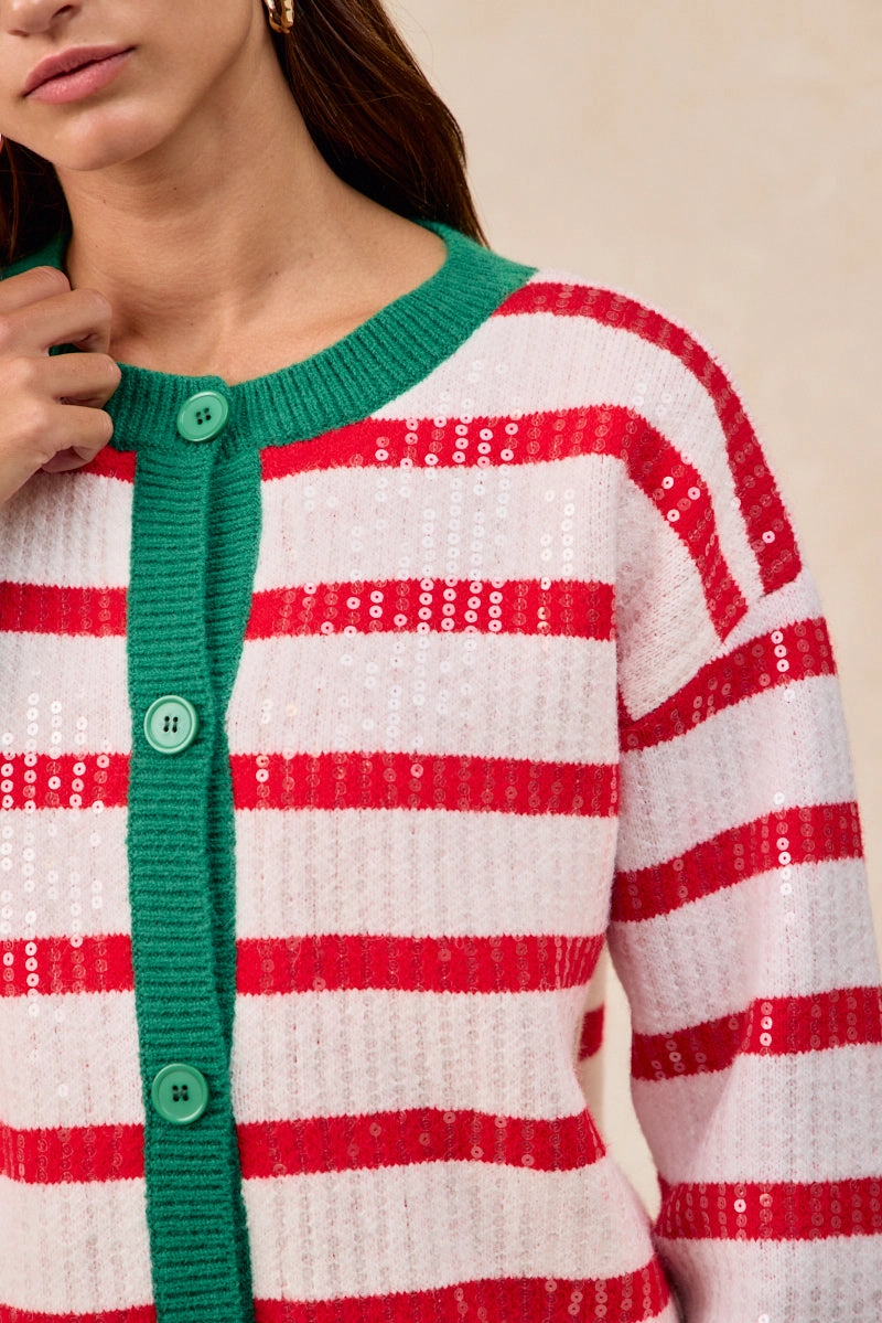 Office Smart IT4778S-02 | CHRISTMAS STRIPE SEQUINS BUTTONED UP CARDIGAN