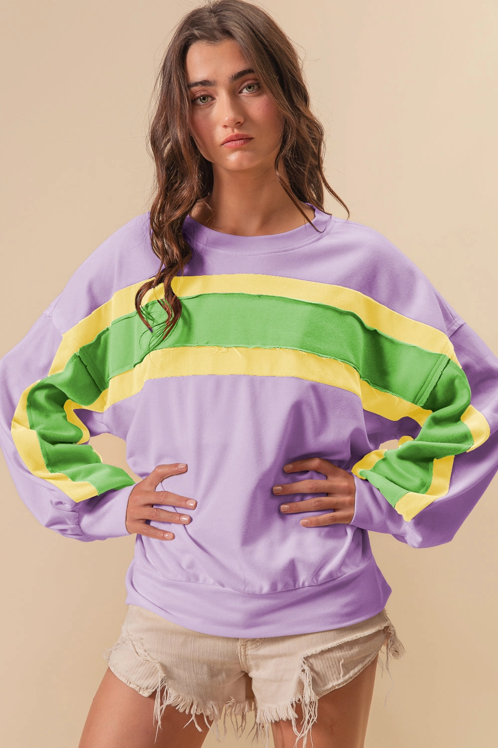 everyday elegance Flexible Layers IT1485-02 | FRENCH TERRY MARDI GRAS COLOR BLOCK PULLOVER