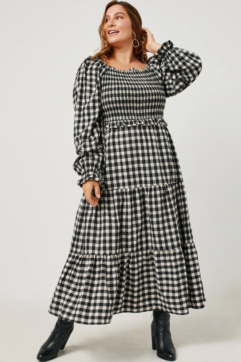 Gingham Print Square Neck Long Sleeve Maxi Dress Summer Fashion Smooth Texture