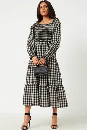Gingham Print Square Neck Long Sleeve Maxi Dress Grace Base