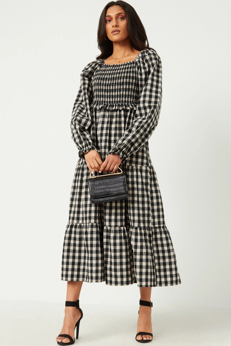Gingham Print Square Neck Long Sleeve Maxi Dress Tulle Air