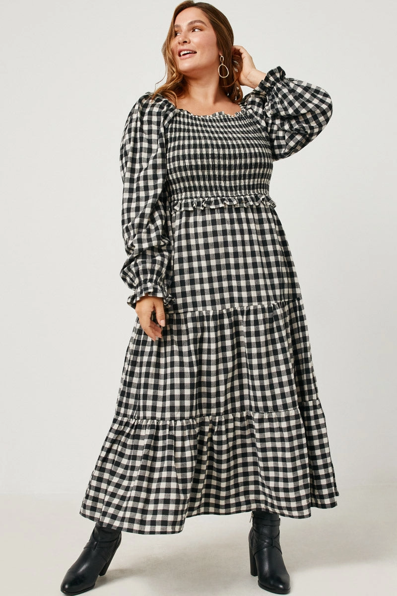 Warm-Layer Spring-Season Gingham Print Square Neck Long Sleeve Maxi Dress