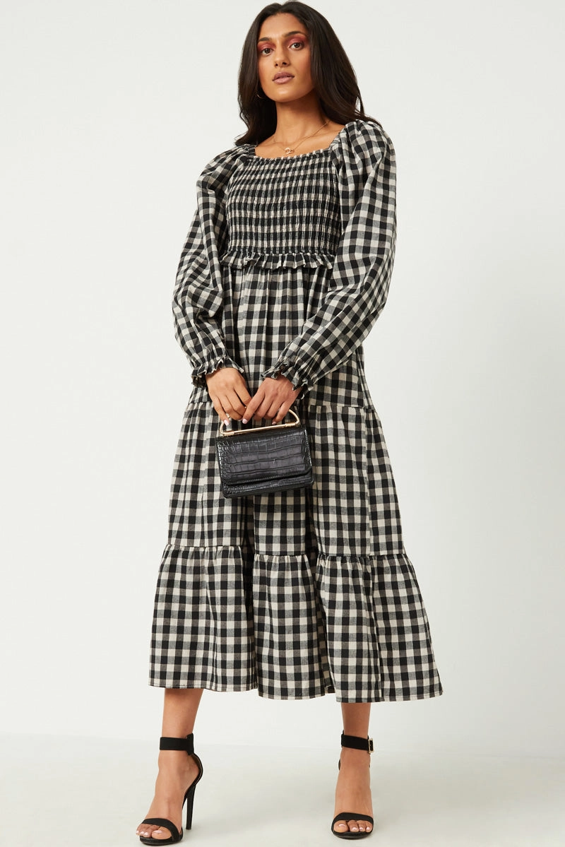 Metallic Finish Winter-Season Gingham Print Square Neck Long Sleeve Maxi Dress