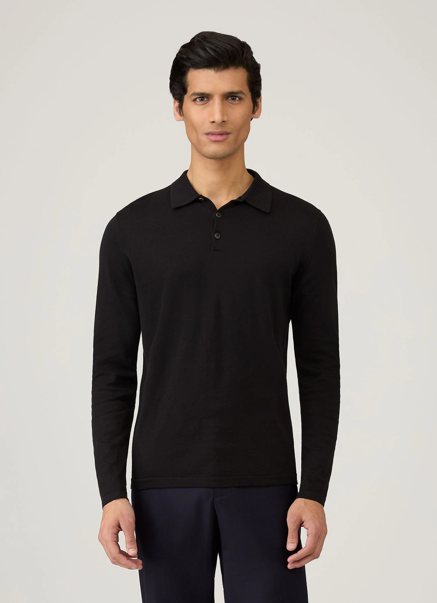 Sporty Shape Men's Long Sleeve Sea Island Cotton Knit Polo Shirt in Black