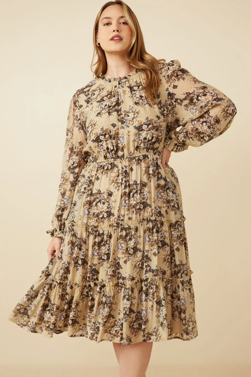 Sleek long-sleeve dress Soft Profile Romantic Floral Ruffle Detailed Tiered Dress