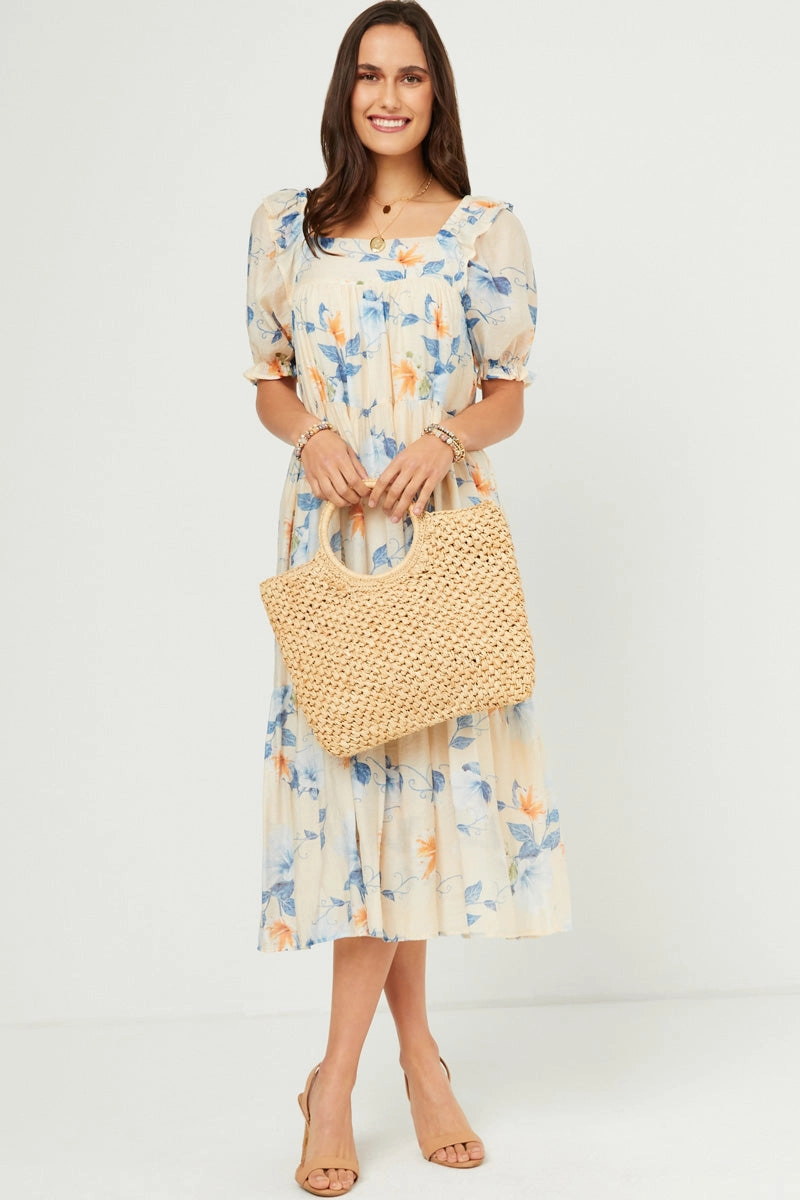 Watercolor Floral Square Neck Ruffled Shoulder Dress Polite Tone